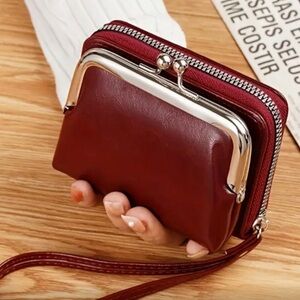 Chic Red/Brown Clutch with Wristlet Strap and break away coin pouch NWT